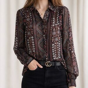 Veronica Beard Lowell Dark Red Sheer V-neck Long Sleeve Blouse XS (0)